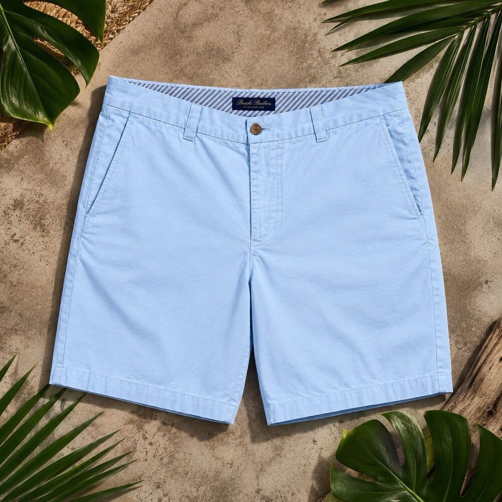 Brooks Brothers Men’s Bermuda Chino Shorts Blue Solid Cotton Flat Front Pockets